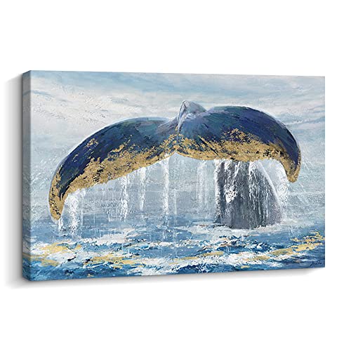 Pigort Framed Canvas Print Wall Art Whale Tail Splashes In Teal Ocean Water Animals Seascape Modern Art Nautical Landscape Relax/Calm For Living Room, Bathroom,Bedroom, Office - 36"X24" #TOP20