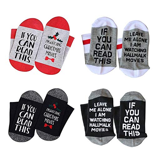 Christmas Socks,Funny Socks, Novelty Socks, 4Pairs If You Can Read This I m Watching Christmas Movies Letters Printed Crew Socks Christmas Casual Socks for Women Men