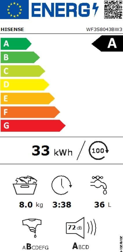 Energy efficiency label for the Hisense WF3S8043BW3 washing machine.