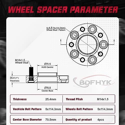 Image of BDFHYK 5x4.5 Wheel Spacers Compatible with Mustang 1995-2021, 4 Pcs 1 inch(25mm) 5x114.3 Thread Pitch M14x1.5 70.5mm Hub Centric Solid Wheels Spacer for Explorer 2020-2022 Aviator 20-21 5Lug Rims