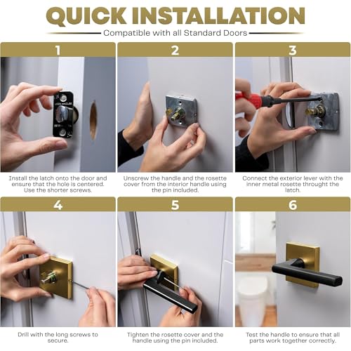 Image of Mega Handles Prime Privacy Lever Door Handle for Hallway, Closet and Bathroom, Keyless Door Levers, Fits All Standard Door Sizes, Covered Screws Included - Satin Brass /Matte Black (1 Pack), 5 inch