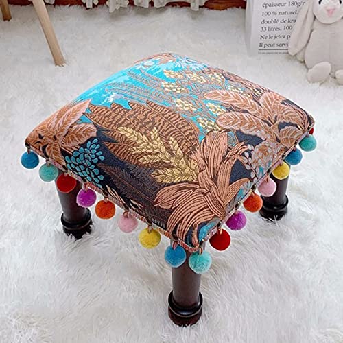 Taburete de lino con pompón acolchado, asiento cuadrado pequeño otomano con patas de madera resistentes para sala de estar, dormitorio, porche (36 x 30 cm)