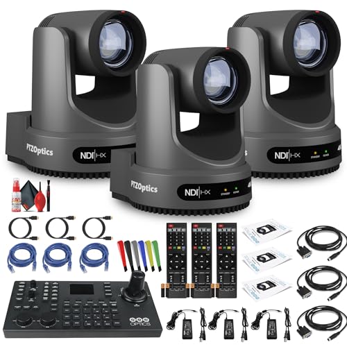 PTZOptics Move 4K SDI/HDMI/USB/IP PTZ Camera with 20x Optical Zoom (Gray) (PT20X-4K-GY-G3) (3-Pack) + SuperJoy PTZ Joystick Controller + Lens Cleaning Kit + HDMI Cable + Ethernet Cable + Wire Ties