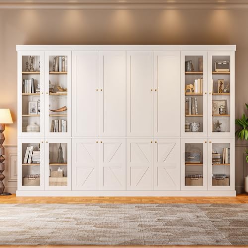 Image of ivaniti 70.8 inch Tall Farmhouse Bookshelf, Modular Bookcase with Glass Doors, 6-Tier Adjustable Shelves, Large Storage Cabinet for Study or Home Office, White, Set of 4