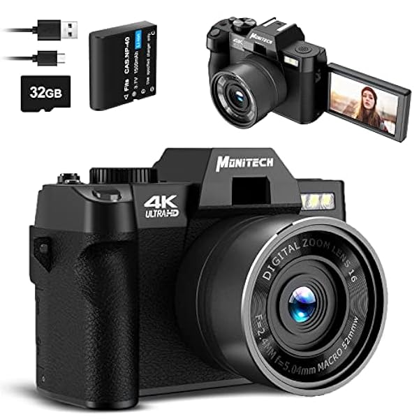 Monitech Fotocamera digitale per fotografia e video,4K 48mp videocamera di registrazione video per Youtube con schermo girevole a 180°, zoom digitale 16x, scheda TF 32GB, 1 batteria