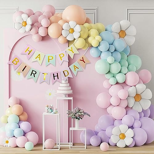 Daidle Geburtstagsdeko Mädchen, 103 stück Pastell Luftballon Girlande mit Gänseblümchen Folienballons mit Geburtstags-Banner, Ballon Girlande, Gänseblümchen Deko, Geburtstag Deko Mädchen, Regenbogen