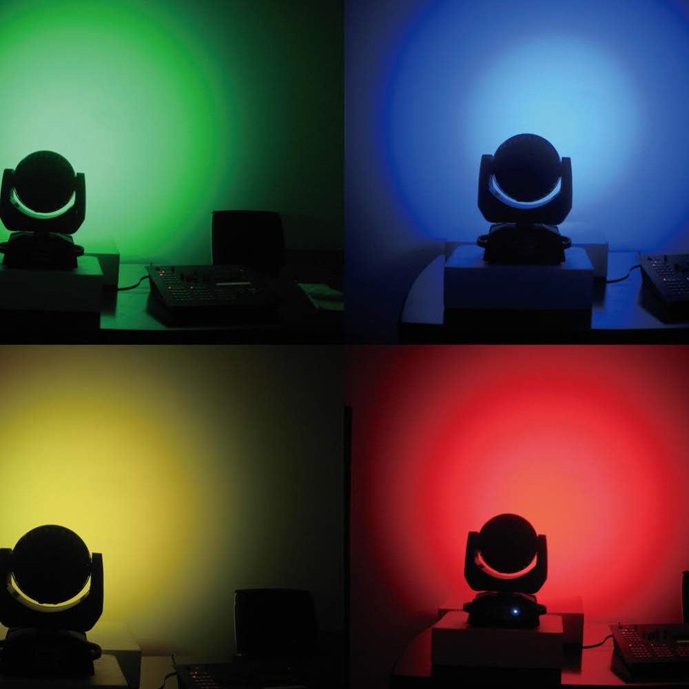 Examples of Boulder Pro 36x10W RGBW LED Moving Head Wash Beam Stage Light output in green, blue, yellow, and red.