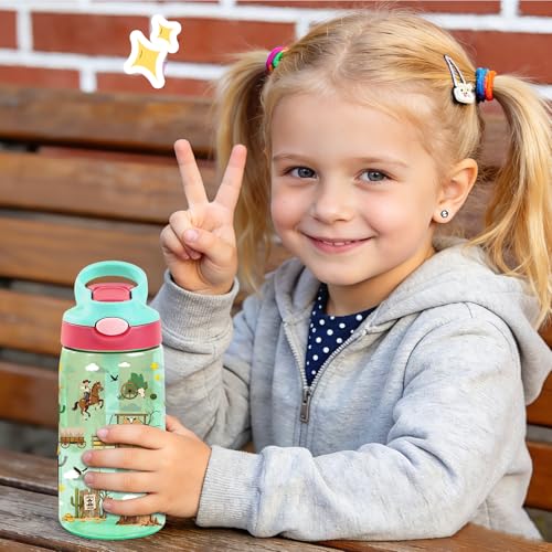Image of 14oz Kids Water Bottle with Straw Lid - Cowboy Water Bottles for Kids, Leakproof, Lightweight, Durable Plastic Bottles for School Travel, Pop-Up Straw Cover, Gift Cup for Boys Girls(Cowboy)