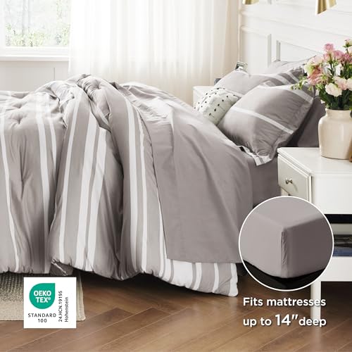 Image of Bedsure California King Comforter Set 7 Pieces, Taupe Striped Bedding Set for All Seasons, Reversible, Cationic Dyeing Bed in a Bag with Comforter, Sheets, Pillowcases & Shams