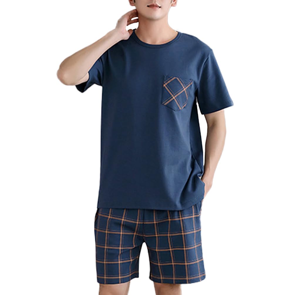 UAZNegozio Men's Cotton Short Sleeve Pajamas Sleepwear Adult Casual Shorts & Shirt PJ Set Summer Tee