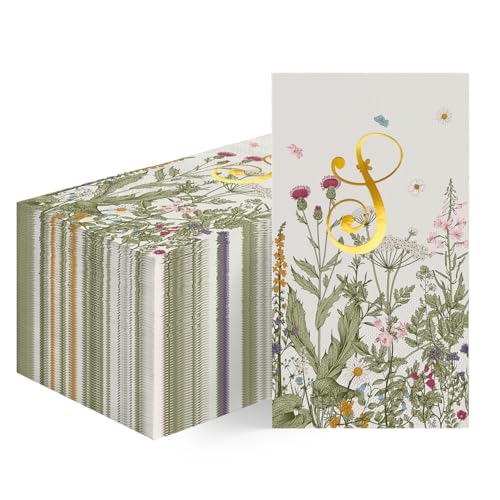 Horaldaily 100 Spring Monogram Disposable Paper Decorative Guest Napkins, Watercolor Flowers Gold Foil Letter S Wedding Party Baby Show Lunch Dinner Kitchen Bathroom