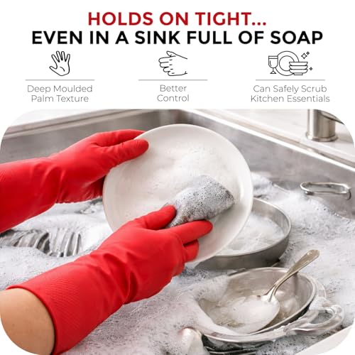 Image of LADWA Premium Rubber Cleaning Gloves, Red Color Reusable Waterproof Gloves for Kitchen Cleaning, Dishwashing, Gardening and Bathroom Use (Pack of 5 Pairs)