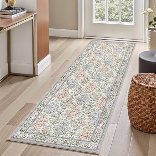 Woodbruy 2x6 Rug, Vintage Floral Non Slip Low Pile Runner Rug, Soft Boho Modern Rug for Hallways, Kitchen, Bedroom, Beige