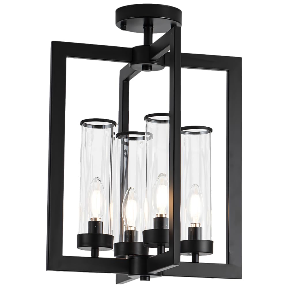 4-Light Modern Farmhouse Black Chandeliers for Entryway, Geometric Pendant Lights Kitchen Island, Hanging Industrial Metal Chandelier for Stairway Foyer Hallway Dining Room