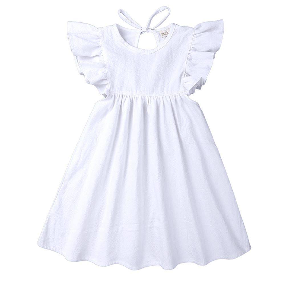 Toddler Baby Girl Dress Summer Cotton Linen Ruffle Halter Sleeveless Kids Casual Beach Party Dresses 2-7 Years (White, 4-5T, 4_Years)