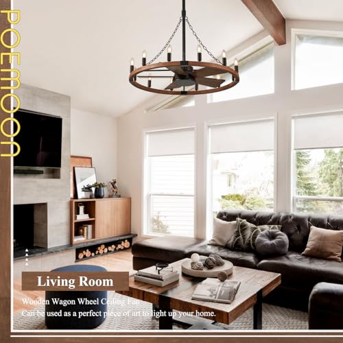 Image of Farmhouse Wooden Wagon Wheel Chandelier Fan 12-Light 36 inch Fandelier