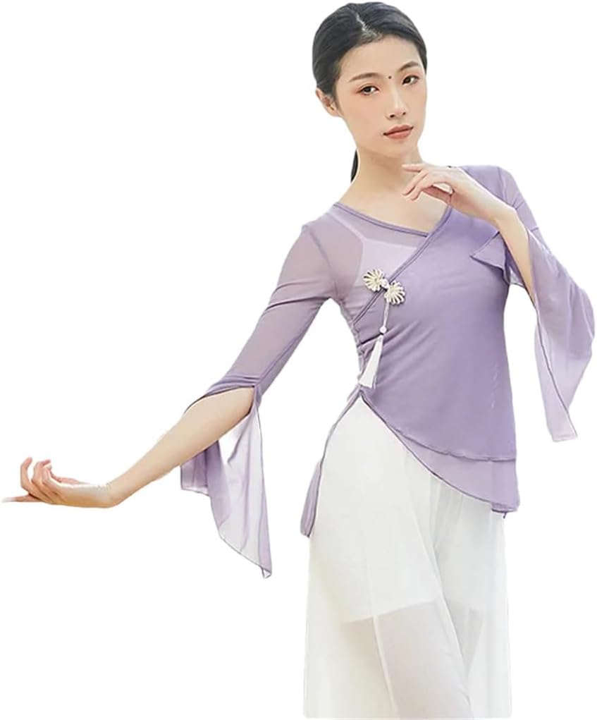 Women Classical Dance Shirt Light Weight Sexy Transparent Mesh Top Horn Long Sleeve Chinese Folk Dancewear