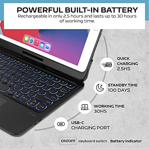 Synchro iPad Keyboard Case for iPad 2018 (6th Gen) - iPad 2017 (5th Gen) - iPad Pro 9.7 - iPad Air 2&1-360 Rotatable - Wireless/BT - Backlit 7 Colours - iPad Case with Keyboard for iPad OS
