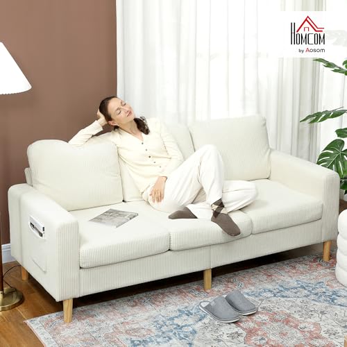 HOMCOM Canapé 3 Places en Velours côtelé, 192 cm, Design Moderne, canapé avec Coussins à Ressorts et Assise rembourré, pour Salon, Chambre, Bureau, Beige – Image 3