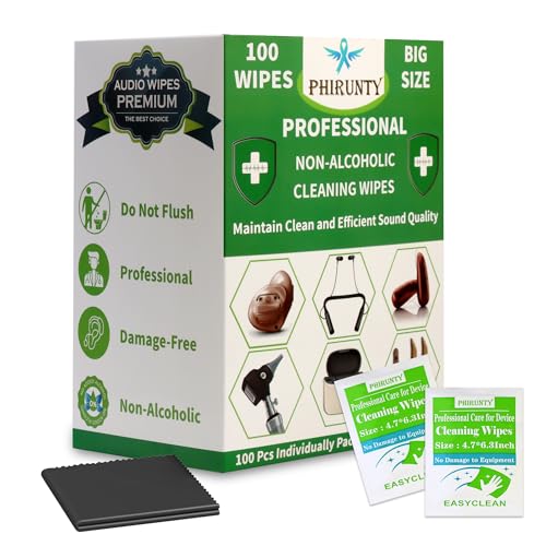 Phirunty 100 toallitas de limpieza para audífonos empaquetadas individualmente para audífonos, kit de herramientas de limpieza, suministros de accesorios, adecuadas para todas las marcas de audífonos