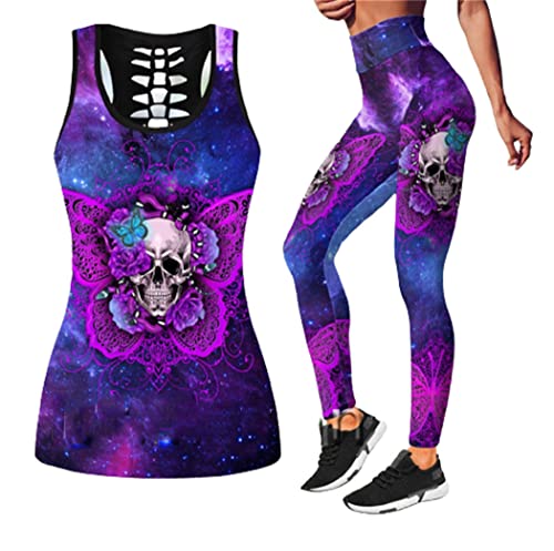 Motif tête de mort papillon violet sur ensemble sport femme