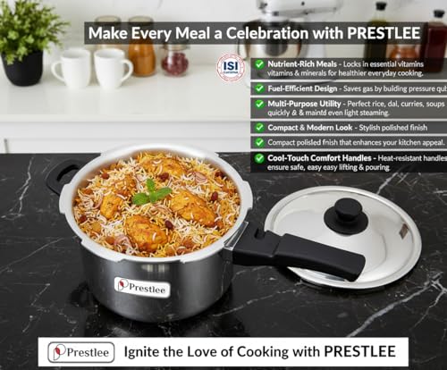 Image of Prestlee Aluminium 5 Litres Pressure Cooker | Outer Lid | Faster & Healthy Cooking | Gas Stove Compatible | ISI Certified | 5 Years Manufacturer's Warranty | Silver