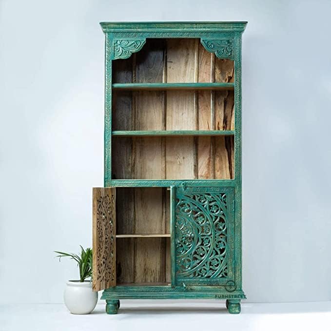 チェスト・キャビネット Antique Book open Shelf Caster Varsha Furniture Sheesham Wooden Book Shelf & Cabinet | Glass Door