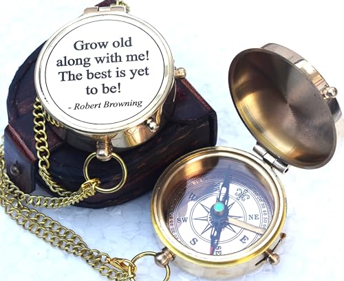 MARY NAUTICAL- Grow Old Along with Me Anniversary Shinny Brass Compass Gift for Him or Her, Romantic Gift Ideas for Husband or Wife, Wedding Anniversary Decorations, Our Wedding for Men