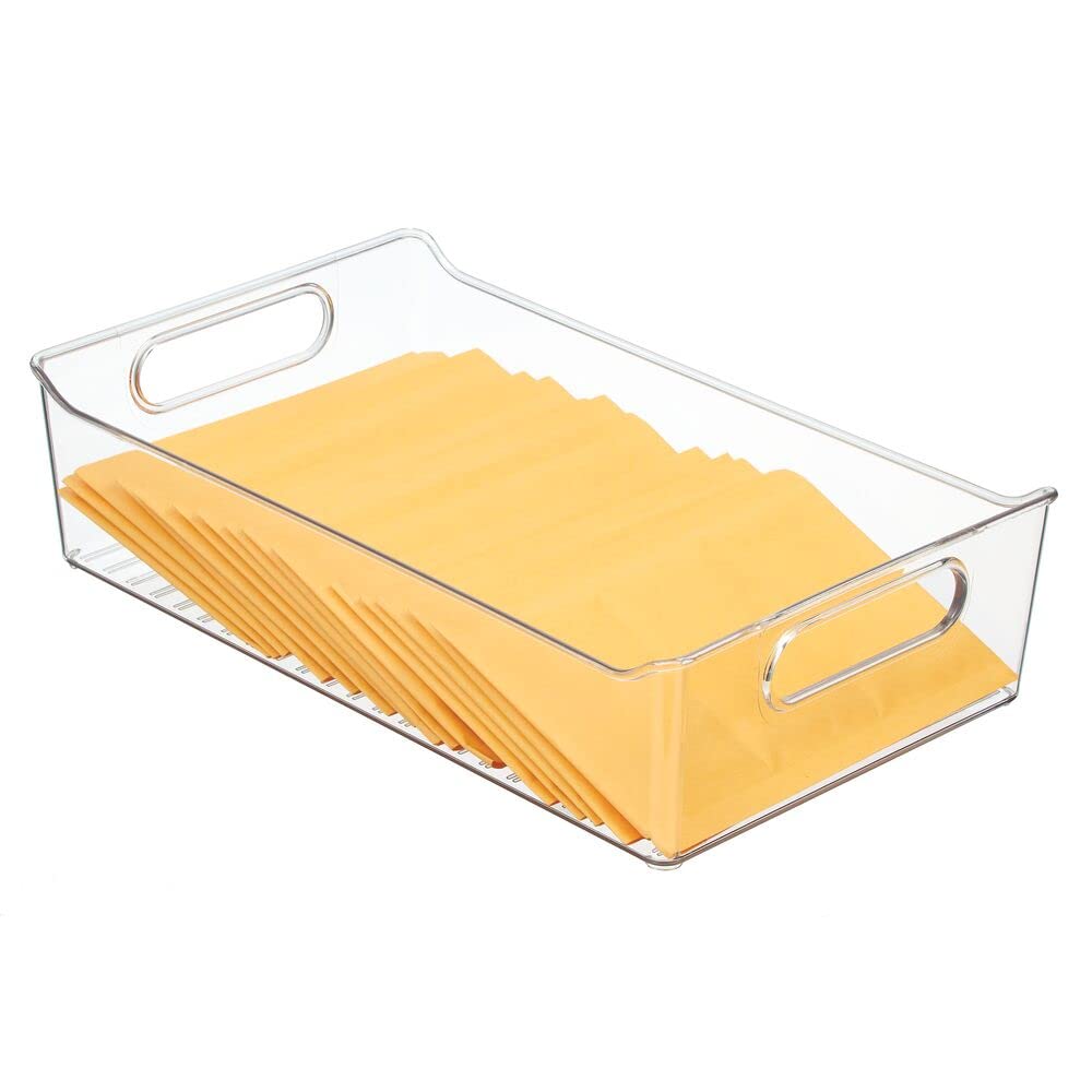 mDesign Organizer ufficio – Contenitore portaoggetti in plastica con manici per ufficio e casa – Box in plastica ideali per penne, matite, timbri e cancelleria – Set da 4 – trasparente