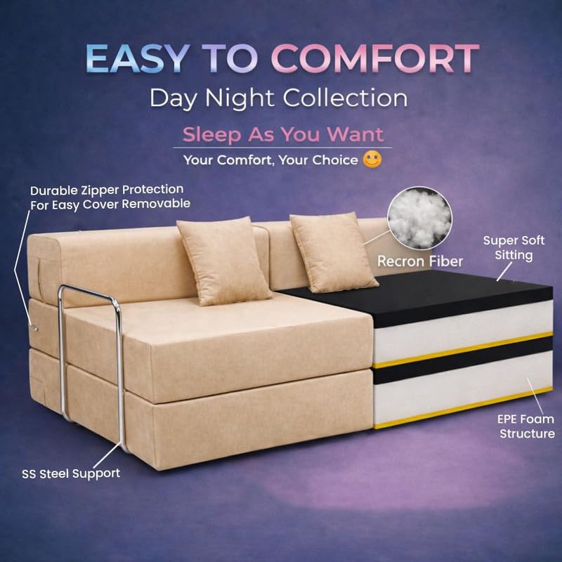 Image of Adorn India Easy Premium Modular 4 Seater Sofa Cum Bed | Velvet Suede Fabric | Colour Beige | Modern Design | Size 6x6 Fit | Comfortable for Seat & Sleep | Washable Cover | Perfect for Home & Office