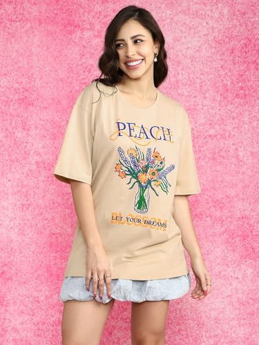 Image of JUNEBERRY 100% Pure Cotton Oversized Loose Fit Half Sleeve Cool Front Chest Graphic Printed Round Neck Drop Shoulder T-Shirt for Women S to 2XL