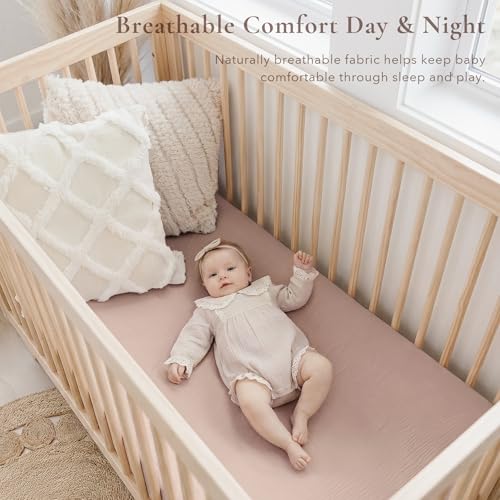 Image of Konssy Muslin Crib Sheets for Girl Boy, 2 PCS Soft and Breathable Cotton Baby Sheets for Standard Crib Mattress, 52 inchx 28 inch (Vintage Petals,Taupe)