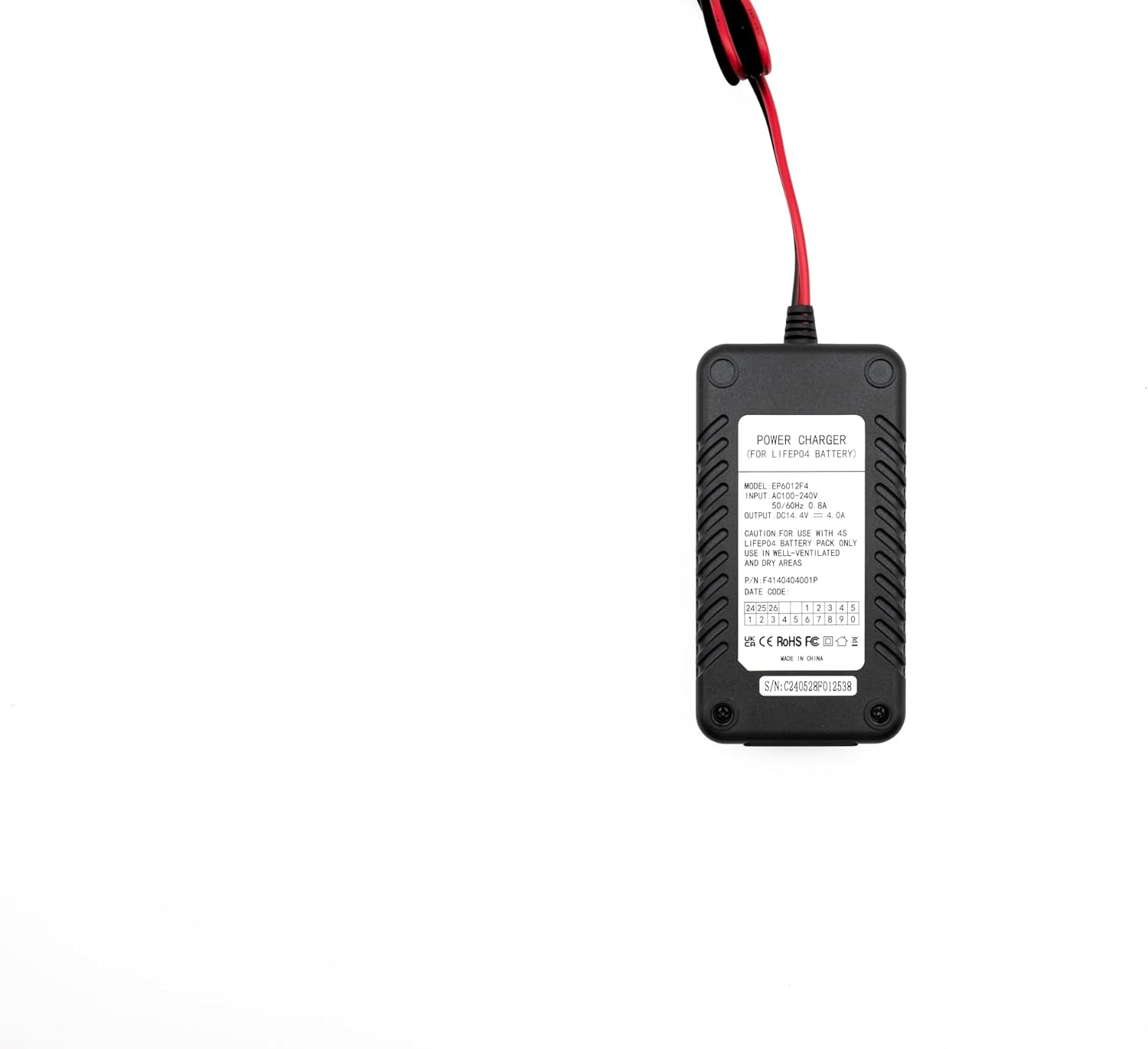 Back label of Unocho LiFePO4 Battery Charger showing model and electrical specifications