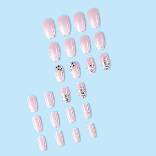 Miniatura 5 de Uñas postizas medianas con forma de ataúd, color rosa francés, degradado, cobertura completa, con diseños de purpurina, diamantes de imitación, uñas