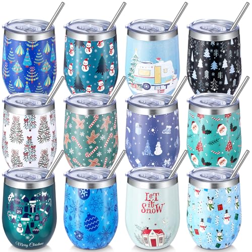 Sliner 12 Pack Christmas Wine Tumbler 12 oz Christmas Stainless Steel Wine Glass Gift Tumbler Cup with Straw and Brush Santa Elk Coffee Mug Holiday Gift for Xmas Party Favor(Snowy) by Sliner - Used condition - US$23.16