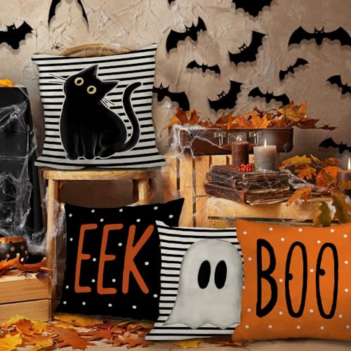 GEEORY Halloween Pillow Covers Set of 4 - Spooky Ghost & Black Cat Decor - Image 3
