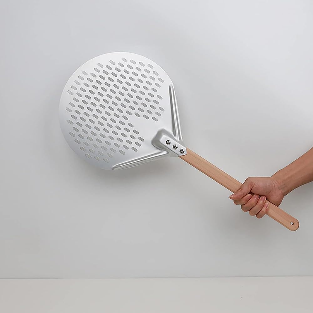 Pizzaschaufel 12/14 Zoll runder Pizzawender, hart eloxiertes Aluminium, perforiertes Pizzapaddel mit Holzgriff, hausgemachte Pizzaschaufel for den Ofen(12inch)