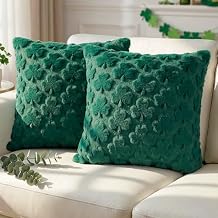 Set of 2 Green Pillow Covers 20x20 with 3D Lucky Shamrocks Decorative Soft Throw Pillow Covers in Plush Polyester for Sofa, Couch, Bed, Living Room Cozy Year-Round Holiday Home Decoration Accent