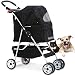 4 Wheels Pet Stroller Cat Dog Cage Stroller Travel Folding Carrier with Cup Holders and Removable Liner for Small-Medium Dog, Cat (Black)