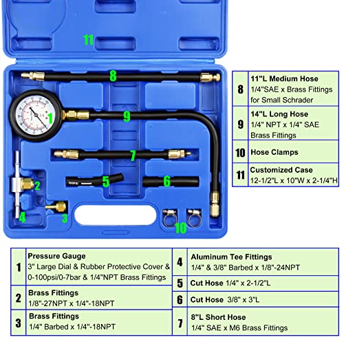 JIFETOR Fuel Injection Pump Pressure Tester Gauge Kit, Car Gasoline Gas Fuel Oil Injector Test Manometer Tool Set 0-100PSI, Universal for Auto Truck SUV Motorcycle ATV RV