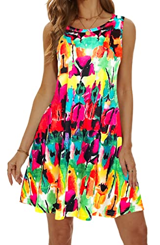 Moskill Summer Dresses For Women 2024 Casual Sundresses Beach Cover Ups Sleeveless Tshirt Swing Dress With Pockets X-Large-Z Rainbow thumb #3