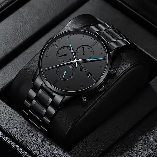 Image of NIBOSI Men's Watches Analog Minimalist Black Dial Watch for Man Business Chronograph Casual Watches Stainless Steel Strap Date