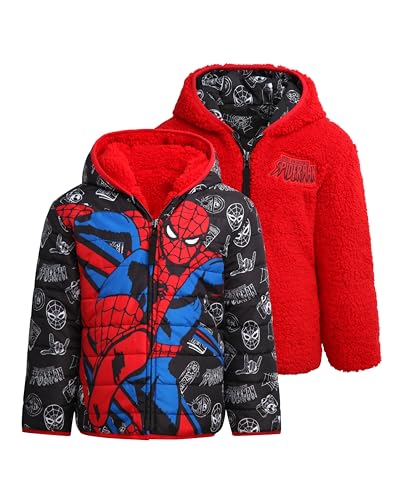 Marvel Spider-Man Boys Puffer Jacket - Reversible Quilted Puffer Coat with Sherpa Fleece Lining Jacket for Boys (Size: 2T-20)