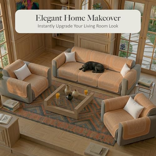 Image of Kuber Industries 5 Seater Sofa with Arm Cover | Slipcover for Living Room | Thick & Cozy | Non-Slip Comfort Sofa Cover Set | Columbia 258003 - Brown