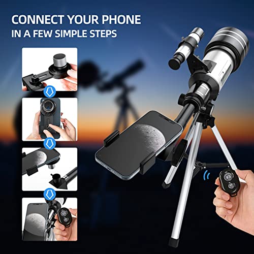 Image of 300mm Refractor Telescope for Astronomy Beginners, Multi-Coated High Powered Refracting Telescope with Tripod 70mm Aperture