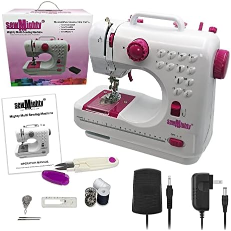 Sew Mighty Mini Sewing Machine – Portable, Battery & AC Powered, 12 Programmed Stitch Patterns, Dual Speed – Sews Forward & Reverse, AC Power or Battery Operated – Includes Foot Pedal