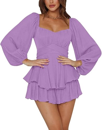 LYANER - Enterizo con volados de manga larga estilo farol y con lazo, para mujer, rómper corto