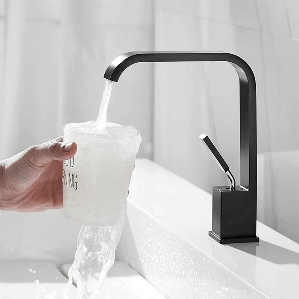 Grifo de caño ancho negro para lavabo de baño monomando de un solo orificio