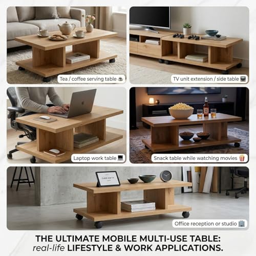 Image of FFO T Shape Center Table with Wheels | 80x50x45 cm Wooden Coffee Table | Modern Living Room Tea Table with Storage Shelf | Engineered Wood Center Table for Home & Office (Oak Finish)