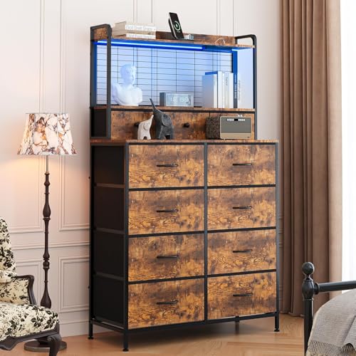 Takywep Smart Dresser with 11 Fabric Drawers, Built-in Charging Station & App-Controlled RGB LED Lighting - Industrial Storage Organizer with Anti-Tipping Design for Bedroom, Living Room, Closet